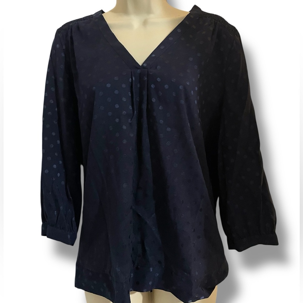 New York & Company Navy Dot V-Neck Blouse Size Medium